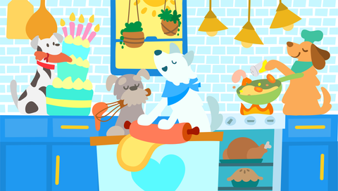 Illustration of dogs in a kitchen preparing food